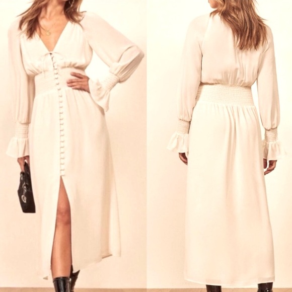 NEW Reformation Fia Dress Size 2 Button Front Long Sleeve Midi Boho Romantic. 21 - Picture 1 of 12